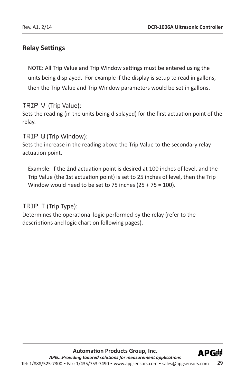 Relay settings | APG DCR-1006A user manual User Manual | Page 29 / 40