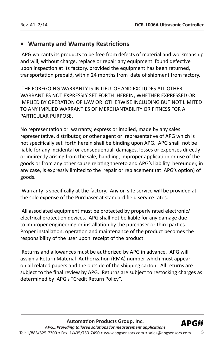 Warranty and warranty restrictions | APG DCR-1006A user manual User Manual | Page 3 / 40