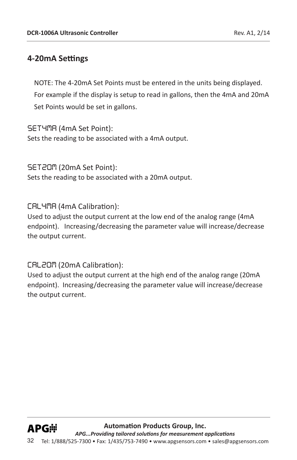20ma settings | APG DCR-1006A user manual User Manual | Page 32 / 40