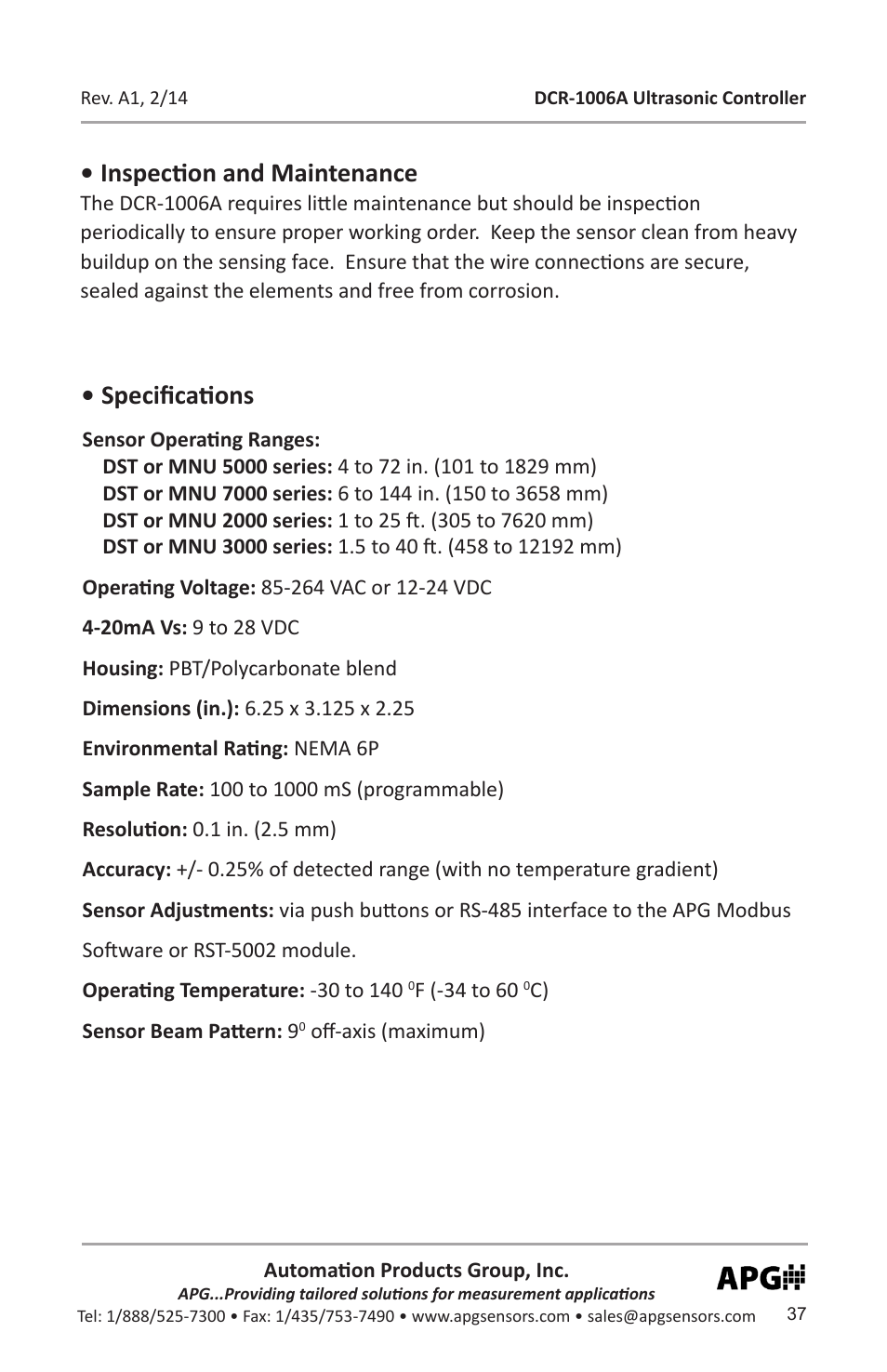 Specifications, Inspection and maintenance | APG DCR-1006A user manual User Manual | Page 37 / 40