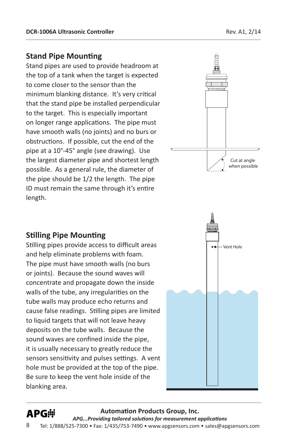 Stand pipe mounting, Stilling pipe mounting | APG DCR-1006A user manual User Manual | Page 8 / 40