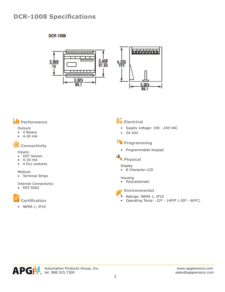 Dcr-1008 specifications | APG DCR-1008 datasheet User Manual | Page 2 / 4