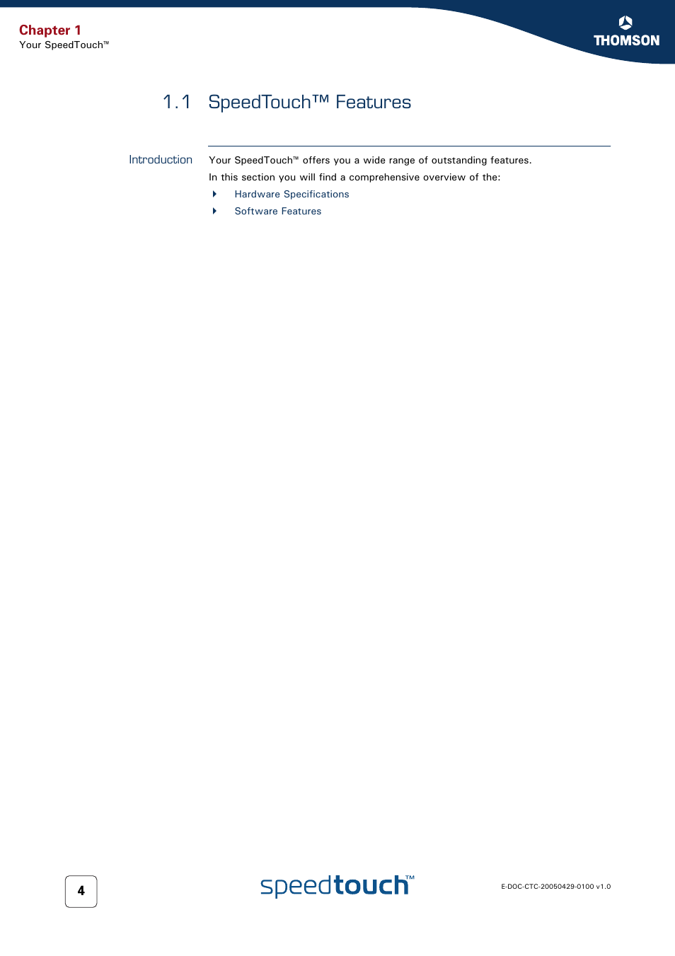 1 speedtouch™ features, Introduction, Speedtouch™ features | Thomson SpeedTouch™546 User Manual | Page 12 / 102
