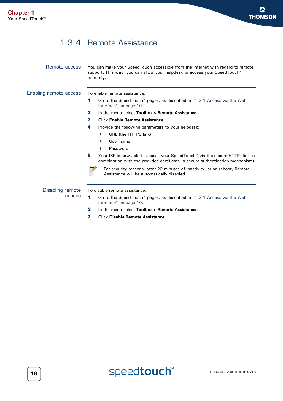 4 remote assistance, Remote access, Enabling remote access | Disabling remote access, Remote assistance, For more information, see, 4 remote, Chapter 1 | Thomson SpeedTouch™546 User Manual | Page 24 / 102