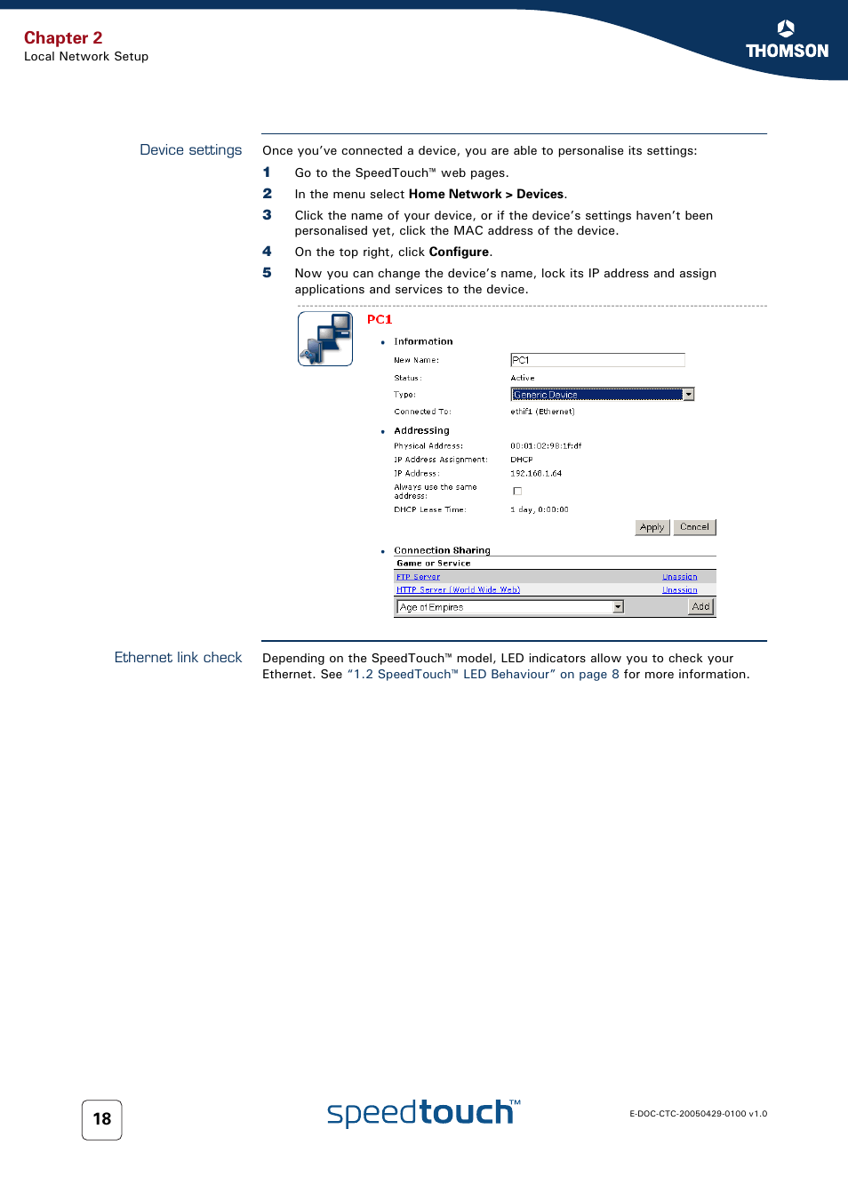 Device settings, Ethernet link check, Chapter 2 | Thomson SpeedTouch™546 User Manual | Page 26 / 102