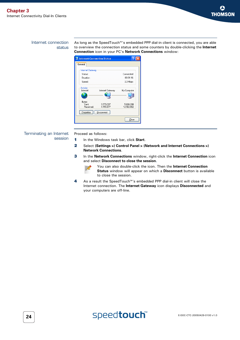 Internet connection status, Terminating an internet session, Chapter 3 | Thomson SpeedTouch™546 User Manual | Page 32 / 102