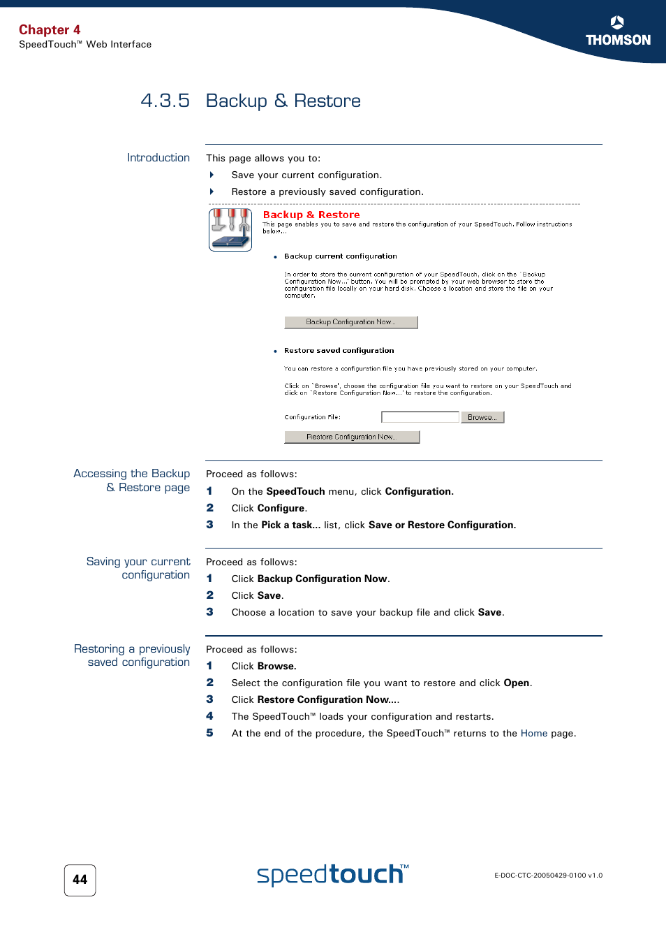 5 backup & restore, Introduction, Saving your current configuration | Restoring a previously saved configuration, Backup & restore, Chapter 4 | Thomson SpeedTouch™546 User Manual | Page 52 / 102