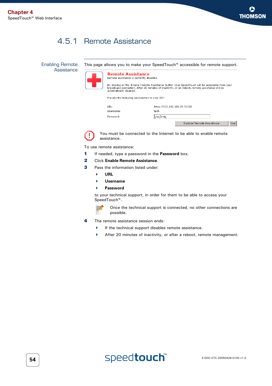 1 remote assistance, Enabling remote assistance, Remote assistance | Chapter 4 | Thomson SpeedTouch™546 User Manual | Page 62 / 102
