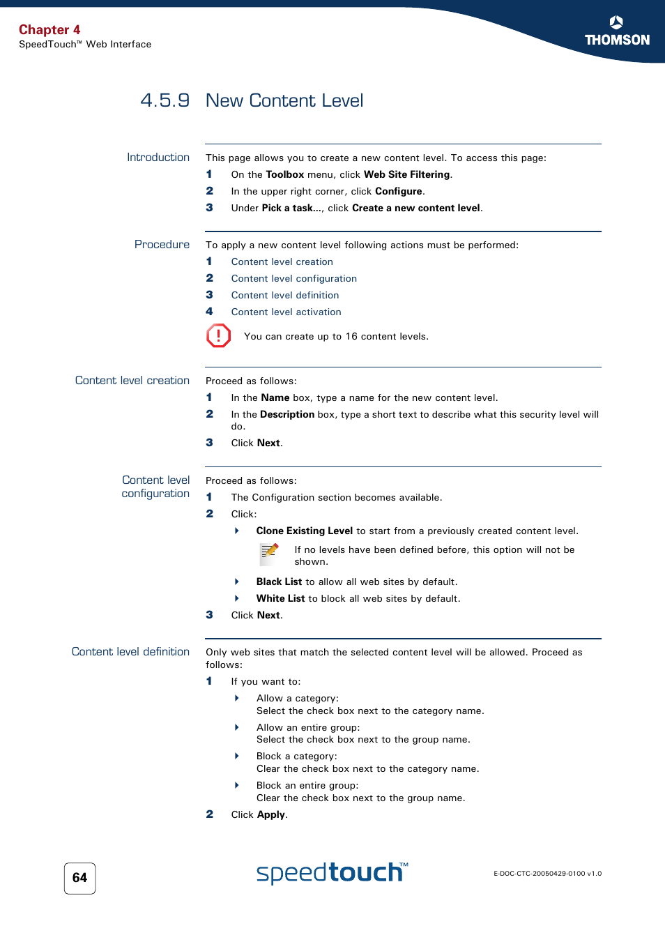 9 new content level, Introduction, Procedure | Content level creation, Content level configuration, Content level definition, New content level, Chapter 4 | Thomson SpeedTouch™546 User Manual | Page 72 / 102