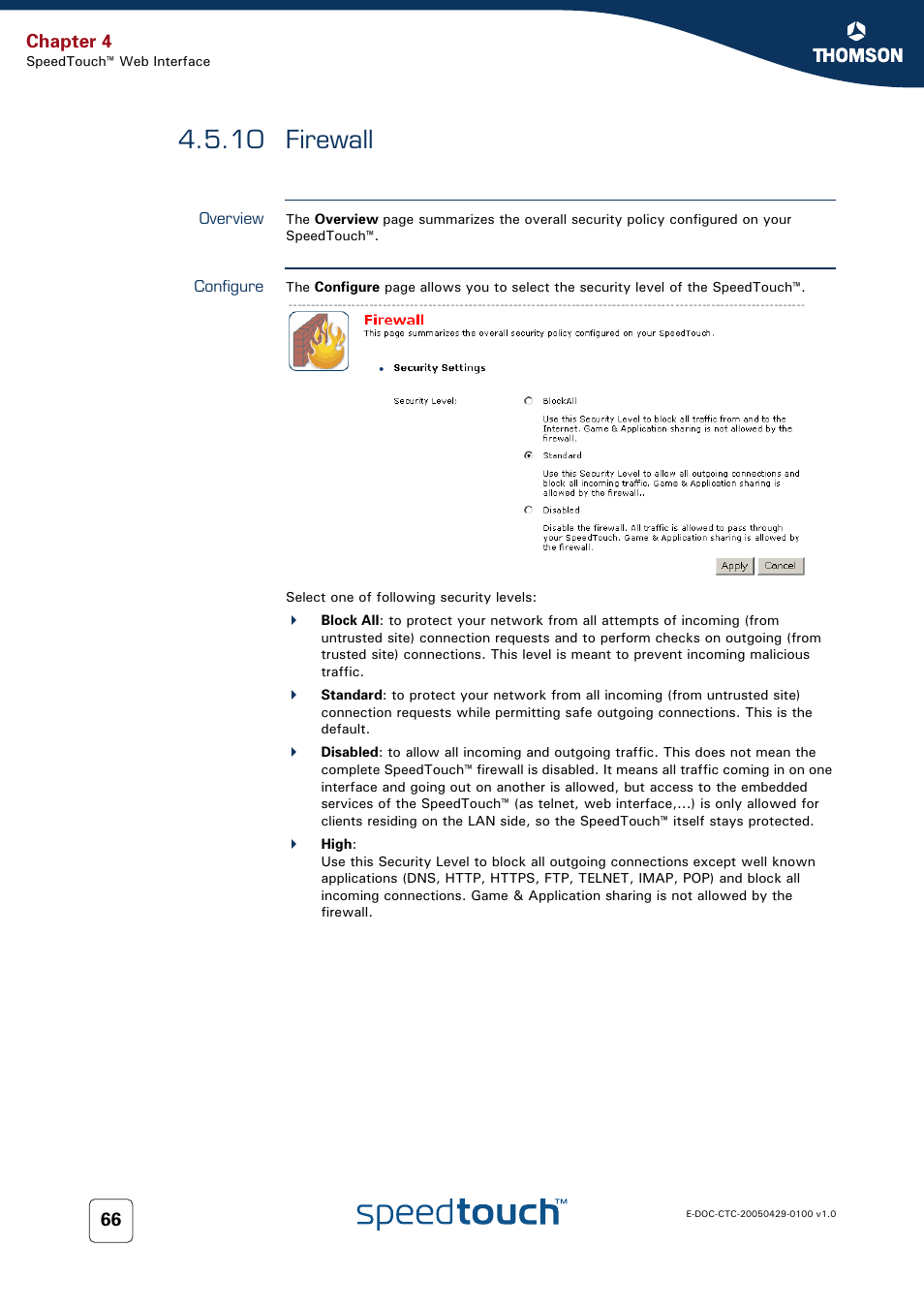 10 firewall, Overview, Configure | Firewall, Chapter 4 | Thomson SpeedTouch™546 User Manual | Page 74 / 102