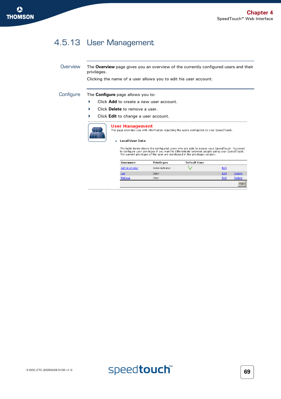 13 user management, Overview, Configure | User management, Chapter 4 | Thomson SpeedTouch™546 User Manual | Page 77 / 102