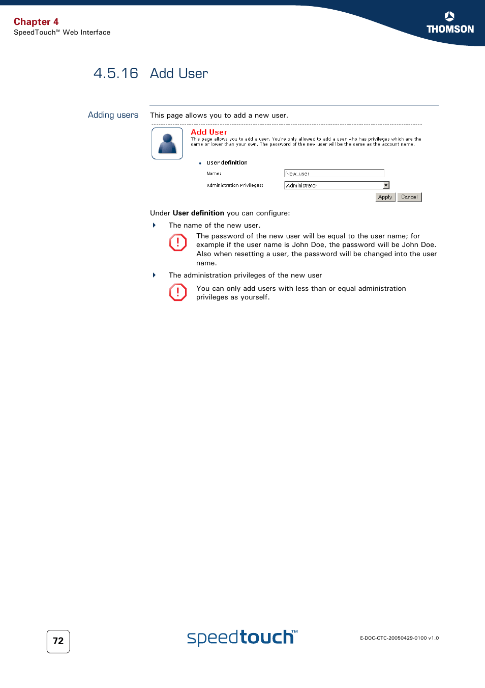 16 add user, Adding users, Add user | Thomson SpeedTouch™546 User Manual | Page 80 / 102