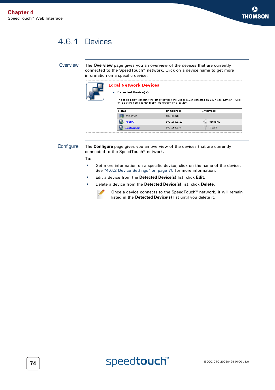 1 devices, Overview, Configure | Devices, Chapter 4 | Thomson SpeedTouch™546 User Manual | Page 82 / 102