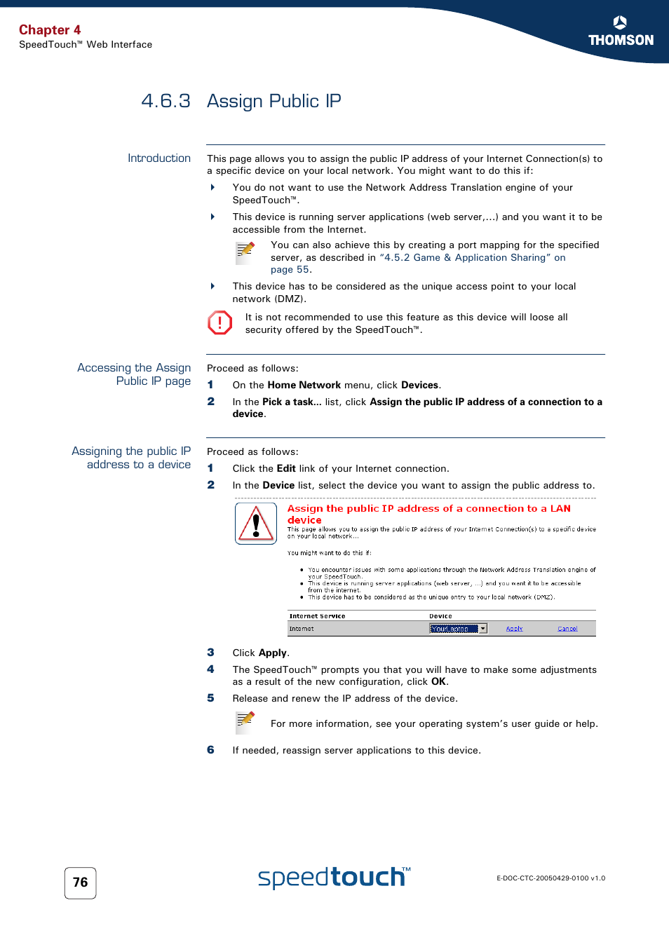 3 assign public ip, Introduction, Assigning the public ip address to a device | Assign public ip, Chapter 4 | Thomson SpeedTouch™546 User Manual | Page 84 / 102