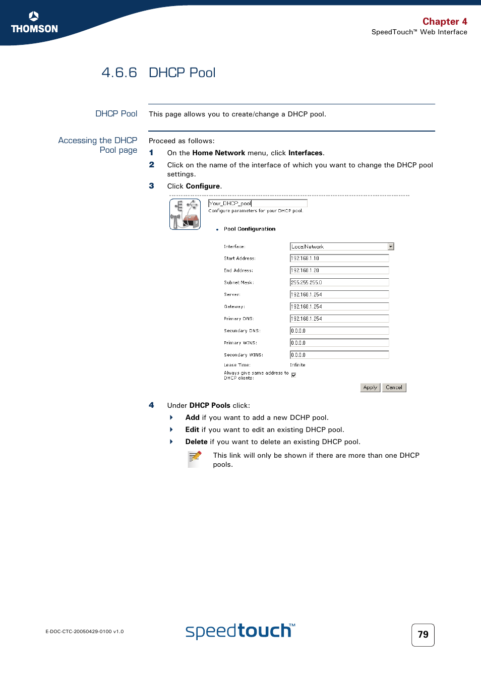 6 dhcp pool, Dhcp pool, Chapter 4 | Thomson SpeedTouch™546 User Manual | Page 87 / 102