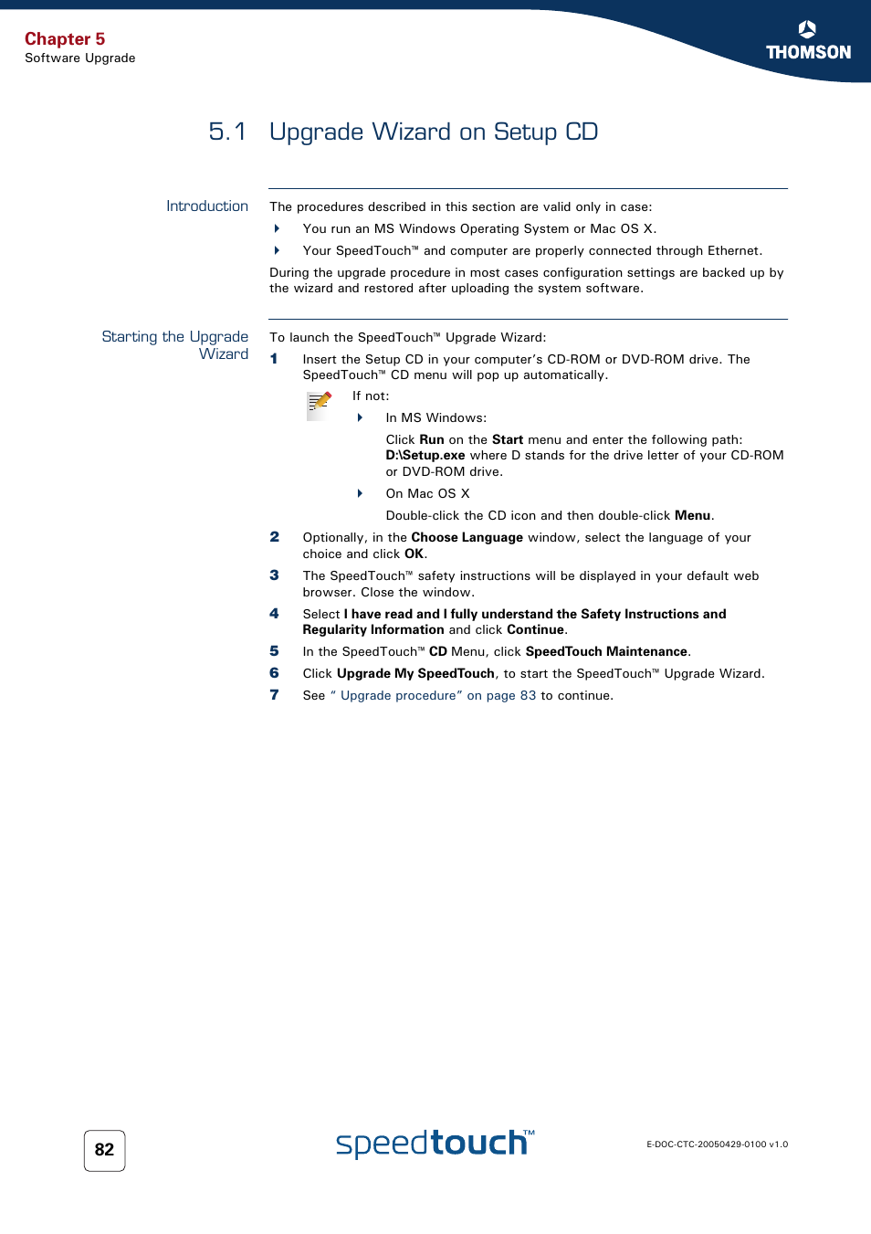 1 upgrade wizard on setup cd, Introduction, Starting the upgrade wizard | Upgrade wizard on setup cd, Chapter 5 | Thomson SpeedTouch™546 User Manual | Page 90 / 102