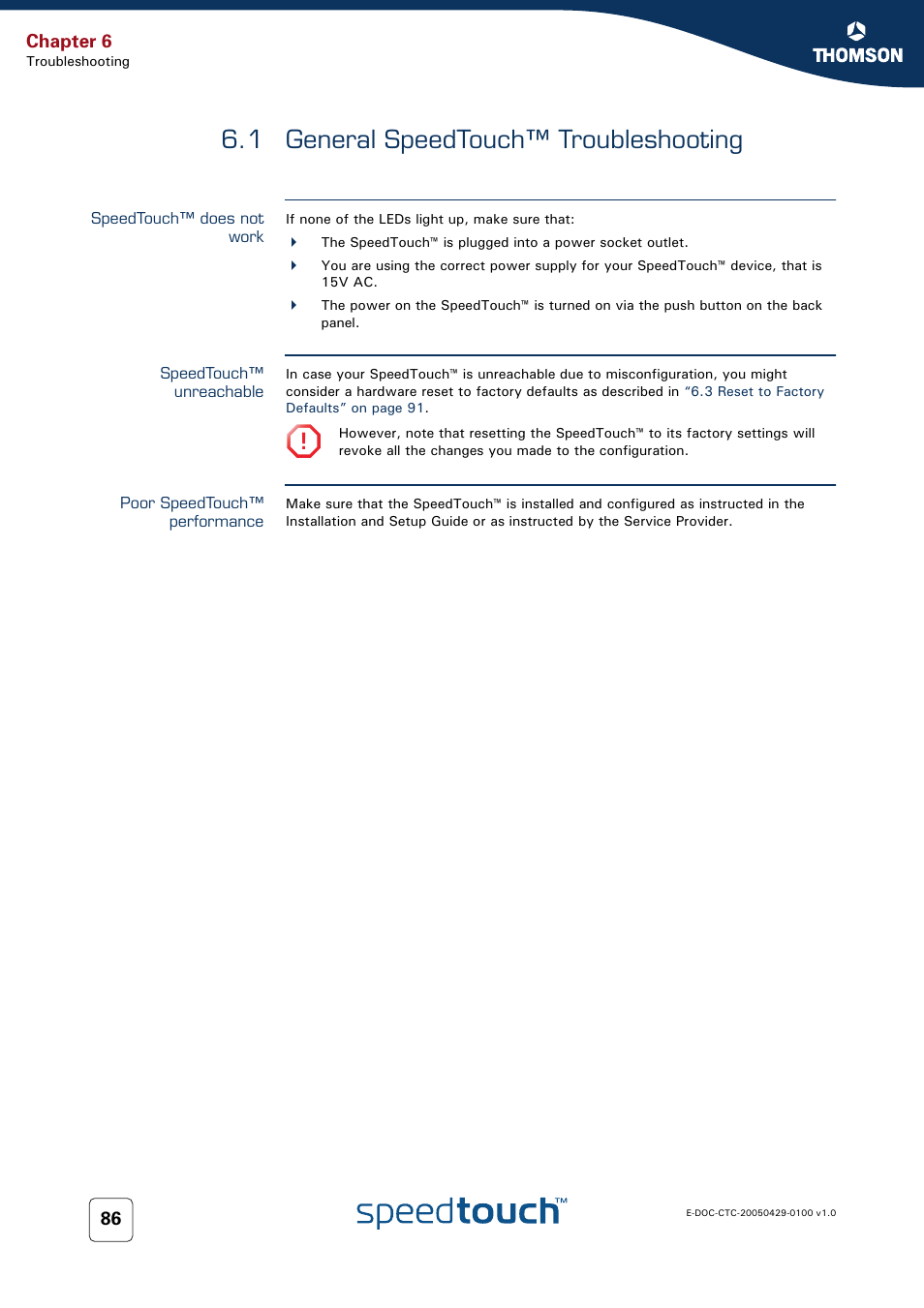 1 general speedtouch™ troubleshooting, Speedtouch™ does not work, Speedtouch™ unreachable | Poor speedtouch™ performance, General speedtouch™ troubleshooting, Chapter 6 | Thomson SpeedTouch™546 User Manual | Page 94 / 102