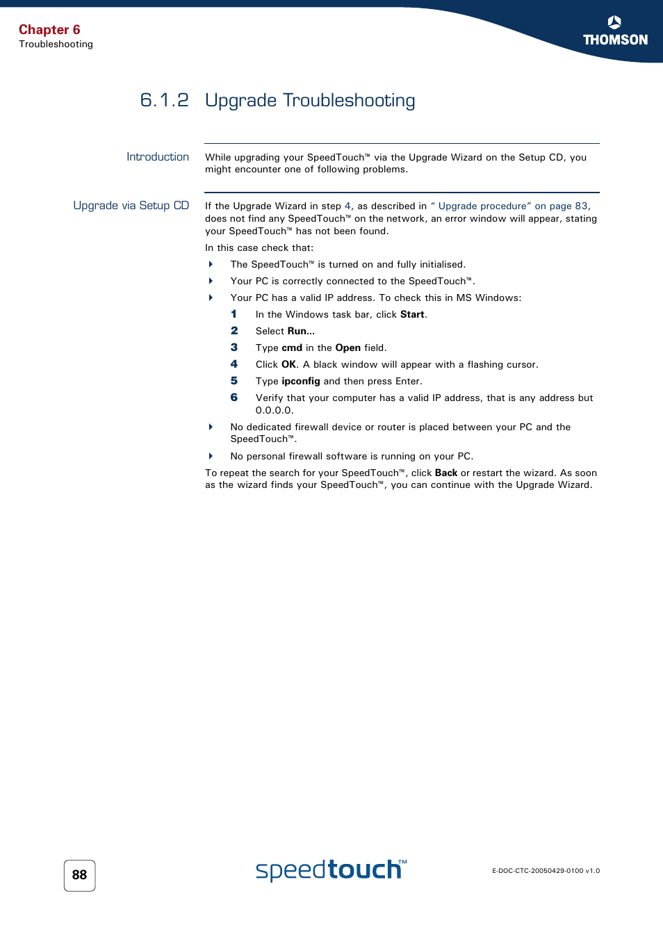 2 upgrade troubleshooting, Introduction, Upgrade via setup cd | Upgrade troubleshooting, Chapter 6 | Thomson SpeedTouch™546 User Manual | Page 96 / 102