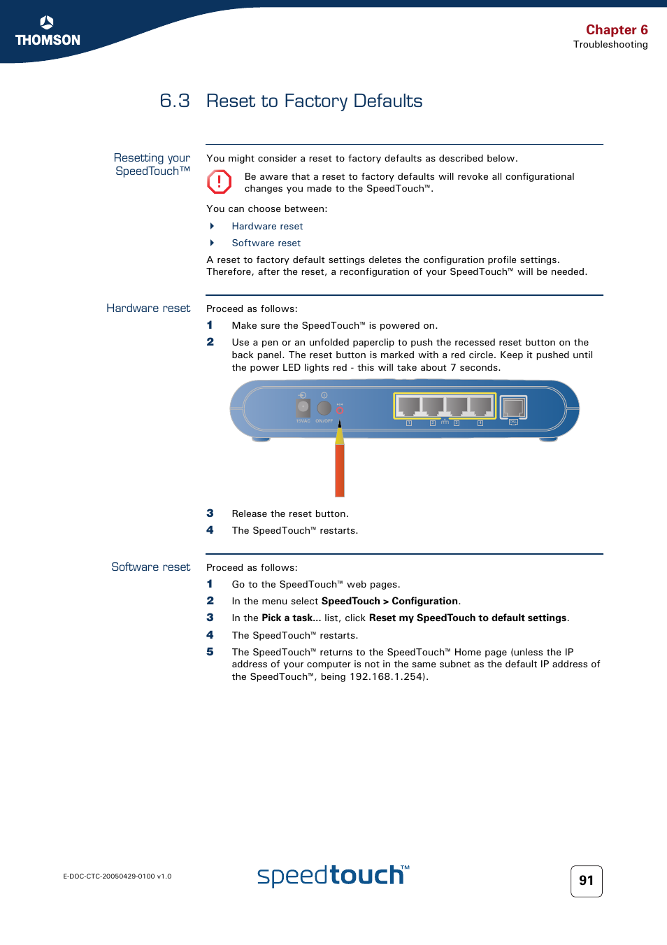 3 reset to factory defaults, Resetting your speedtouch, Hardware reset | Software reset, Reset to factory defaults, Chapter 6 | Thomson SpeedTouch™546 User Manual | Page 99 / 102