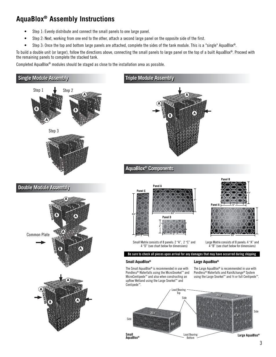 Aquablox, Assembly instructions, Single module assembly | Triple module assembly aquablox, Components double module assembly, Step 1 step 2 step 3, Common plate | Aquascape AquaBlox (29492) User Manual | Page 3 / 16