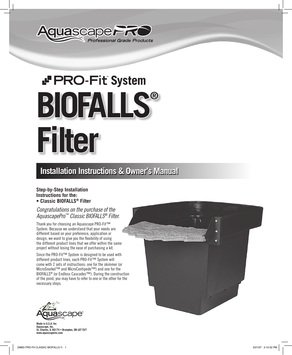 Aquascape PRO-Fit Classic Biofalls Filter (29893) User Manual | 8 pages