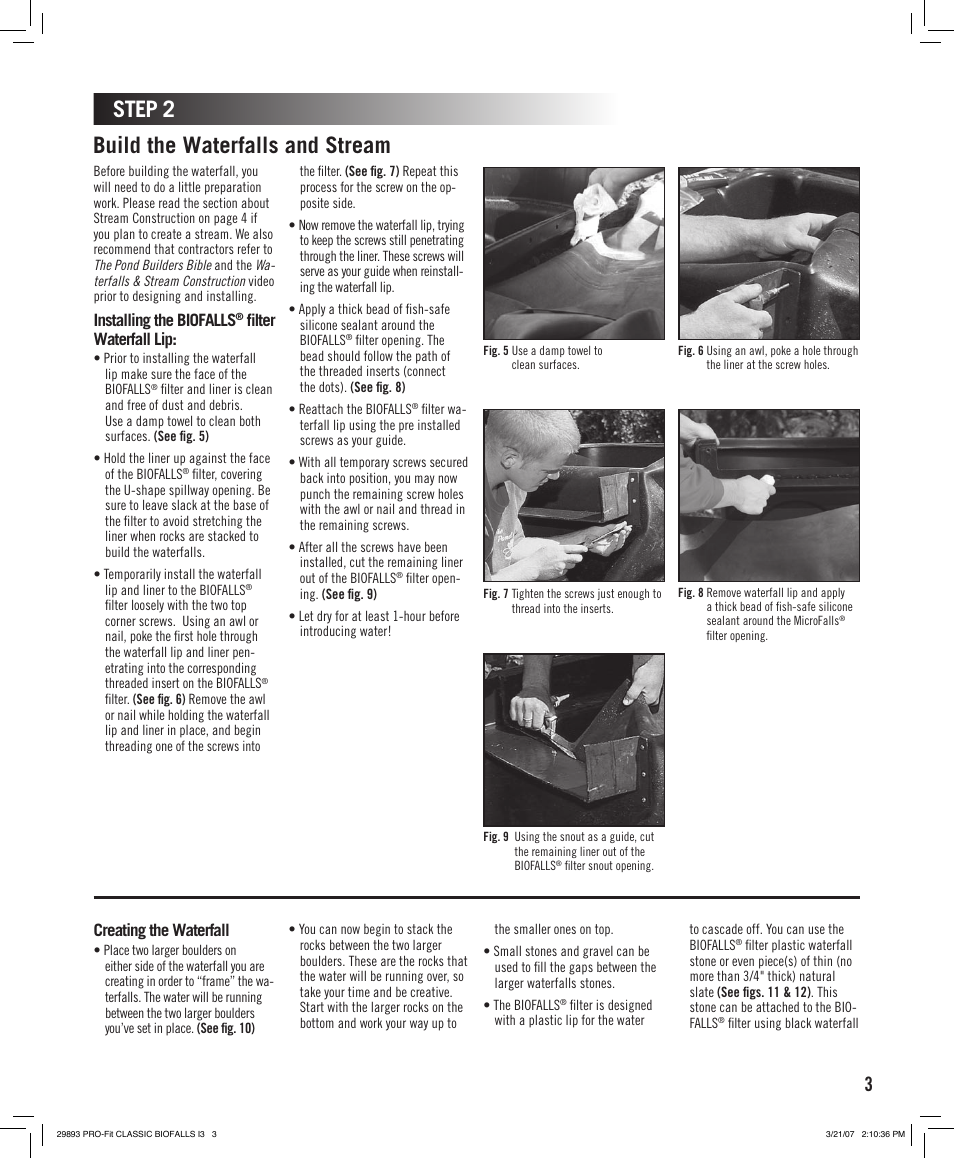 Step 2 build the waterfalls and stream, Installing the biofalls, Filter waterfall lip | Creating the waterfall | Aquascape PRO-Fit Classic Biofalls Filter (29893) User Manual | Page 3 / 8