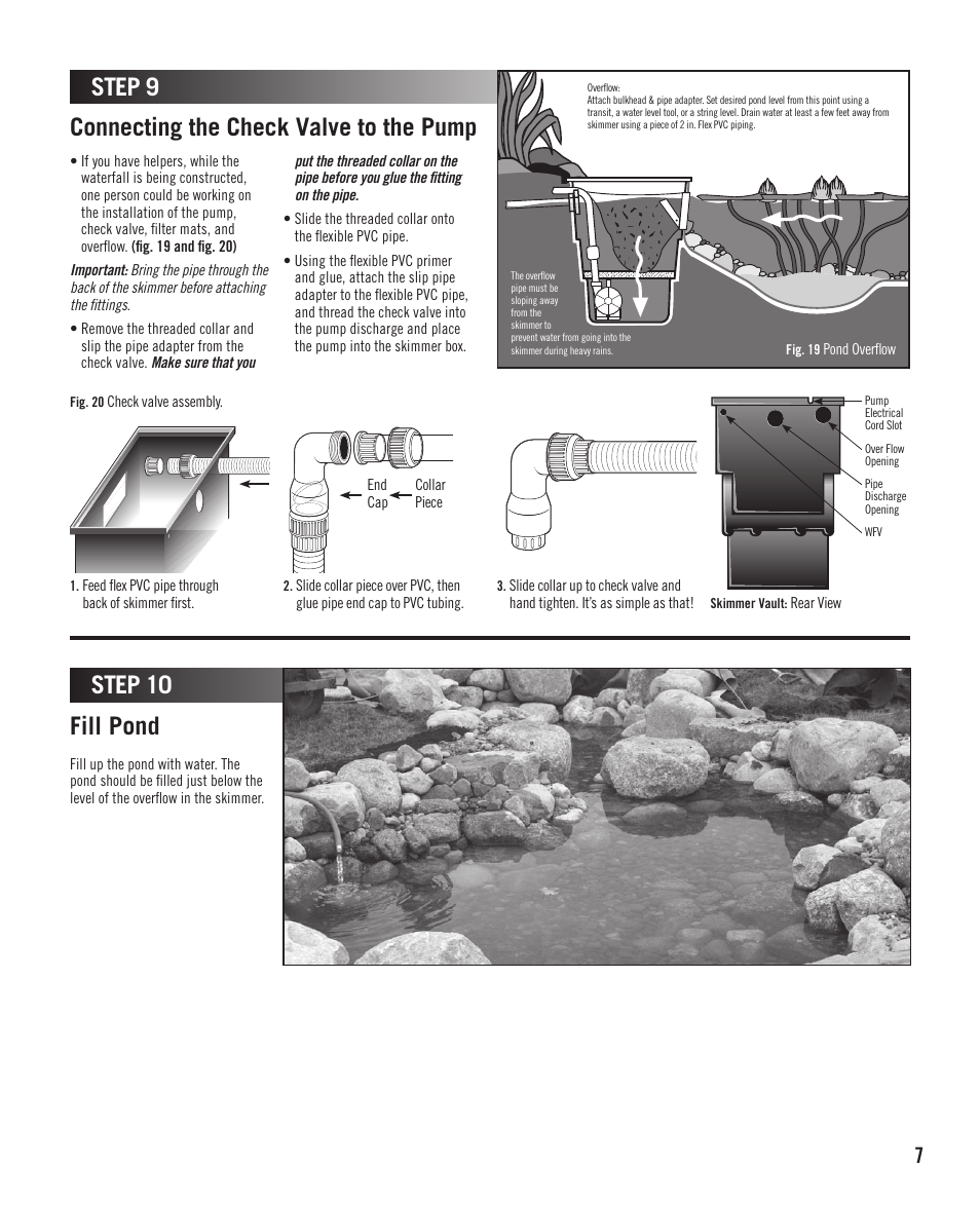 Connecting the check valve to the pump step 9, Fill pond step 10 | Aquascape PRO-Fit Classic Skimmer (29894) User Manual | Page 7 / 8