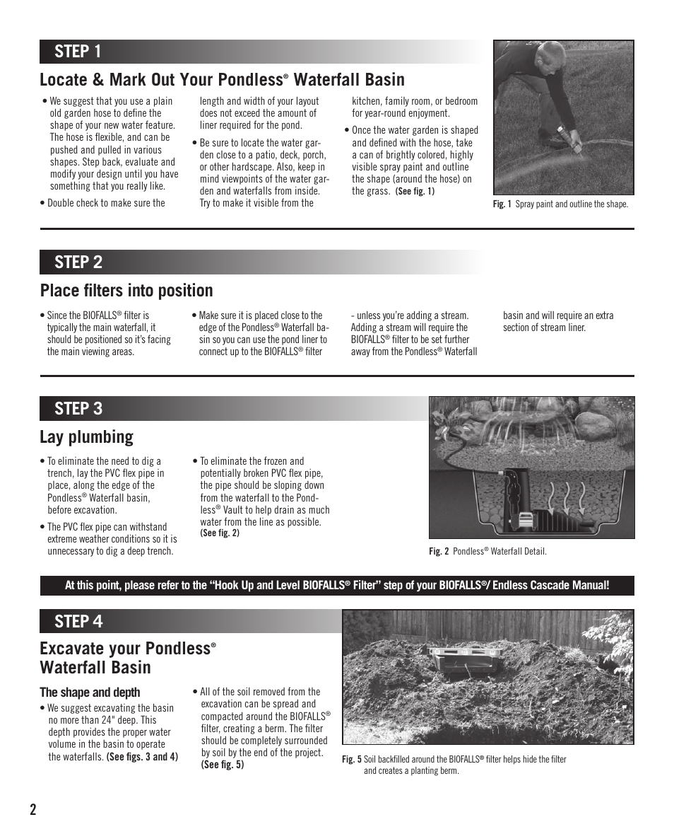 Lay plumbing, Excavate your pondless, Waterfall basin | Step 4 locate & mark out your pondless, Place filters into position step 1 step 2, Step 3 | Aquascape PRO-Fit MicroPondless (29637) User Manual | Page 2 / 4