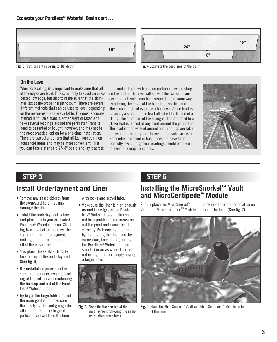 Install underlayment and liner step 5, Installing the microsnorkel, Vault and microcentipede | Module, Step 6 | Aquascape PRO-Fit MicroPondless (29637) User Manual | Page 3 / 4