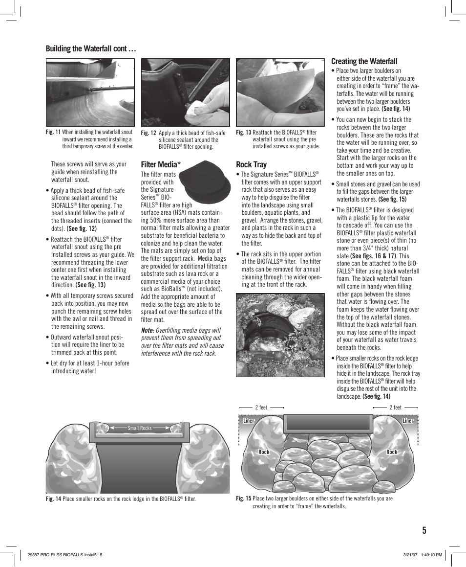 Building the waterfall cont, Filter media, Rock tray | Creating the waterfall | Aquascape PRO-Fit Signature Series Biofalls Filter (29319, 29384 & 09020) User Manual | Page 5 / 8