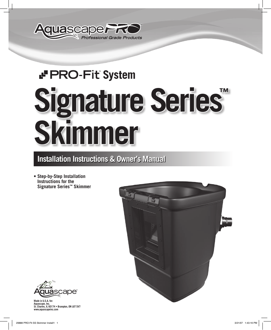 Aquascape PRO-Fit Signature Series Skimmer (09019 & 29349) User Manual | 12 pages