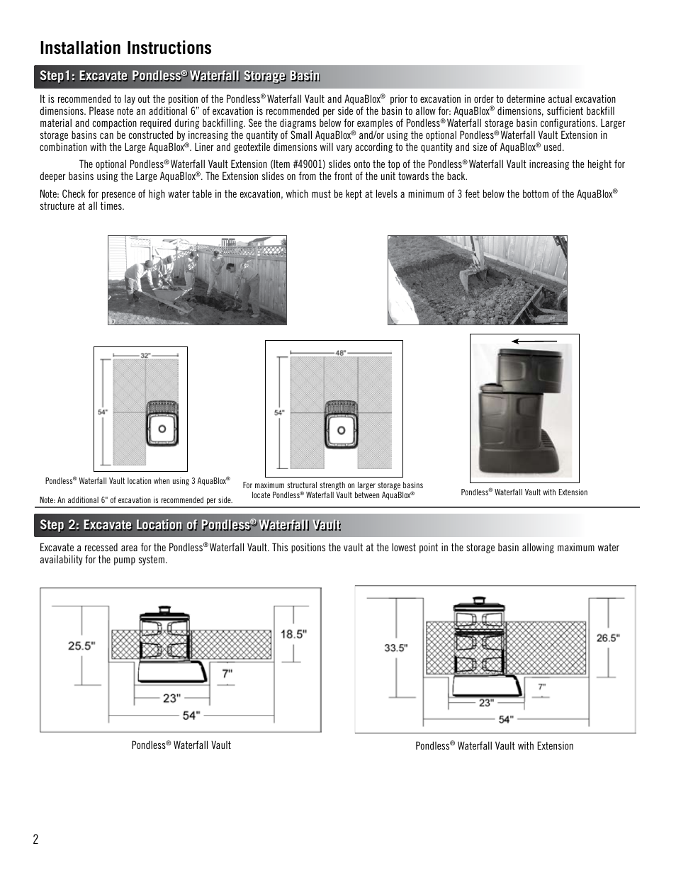 Installation instructions, Step1: excavate pondless, Waterfall storage basin | Step 2: excavate location of pondless, Waterfall vault | Aquascape Pondless Vault (49000) User Manual | Page 2 / 8