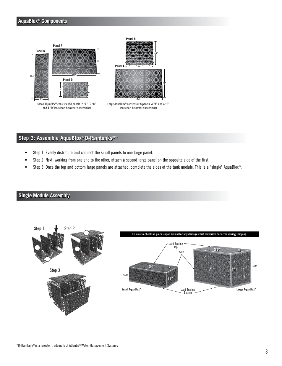 Single module assembly, Aquablox, Components step 3: assemble aquablox | D-raintanks, Step 1 step 2 step 3 | Aquascape Pondless Vault (49000) User Manual | Page 3 / 8