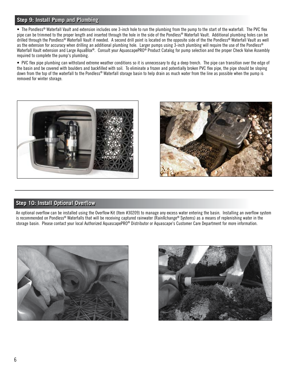 Step 9: install pump and plumbing, Step 10: install optional overflow | Aquascape Pondless Vault (49000) User Manual | Page 6 / 8