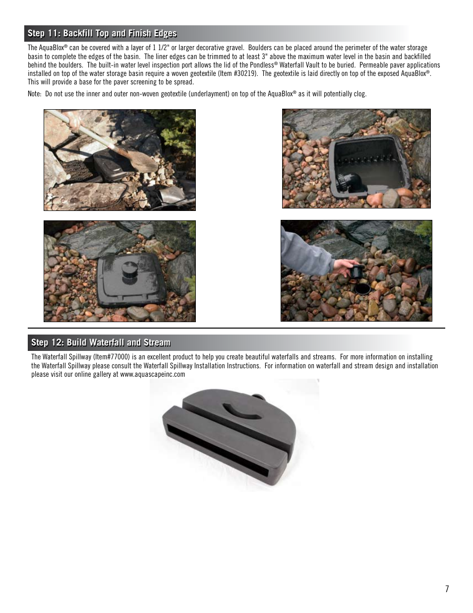 7step 11: backfill top and finish edges, Step 12: build waterfall and stream | Aquascape Pondless Vault (49000) User Manual | Page 7 / 8