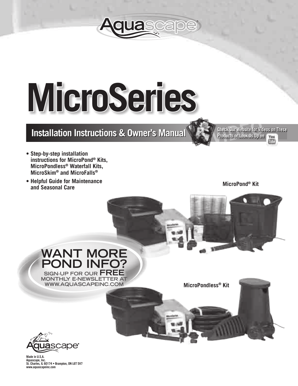 Aquascape MicroPond & MicroPondless Kits (99763, 99764, 99765 & 99769) User Manual | 20 pages