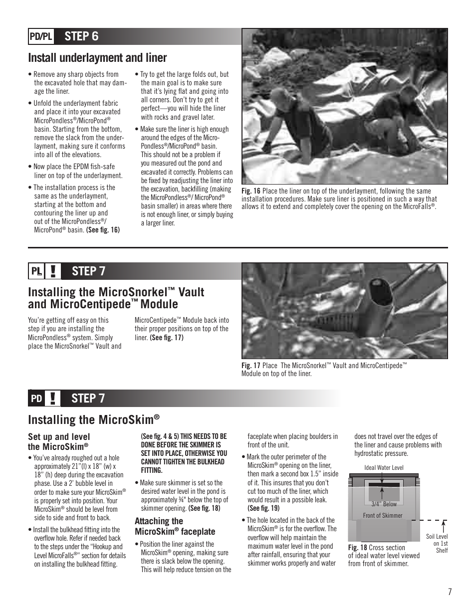 Install underlayment and liner, Installing the microsnorkel, Vault and microcentipede | Module, Installing the microskim, Step 6, Step 7, Pd/pl | Aquascape MicroPond & MicroPondless Kits (99763, 99764, 99765 & 99769) User Manual | Page 7 / 20
