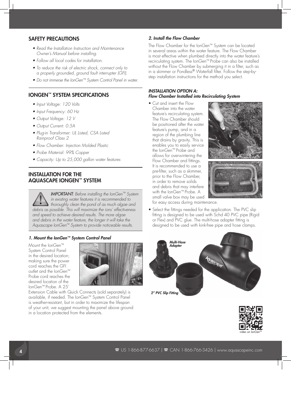 Safety precautions, Iongen, System specifications | Installation for the aquascape iongen, System | Aquascape IonGen Generation G2 (95027) User Manual | Page 4 / 8