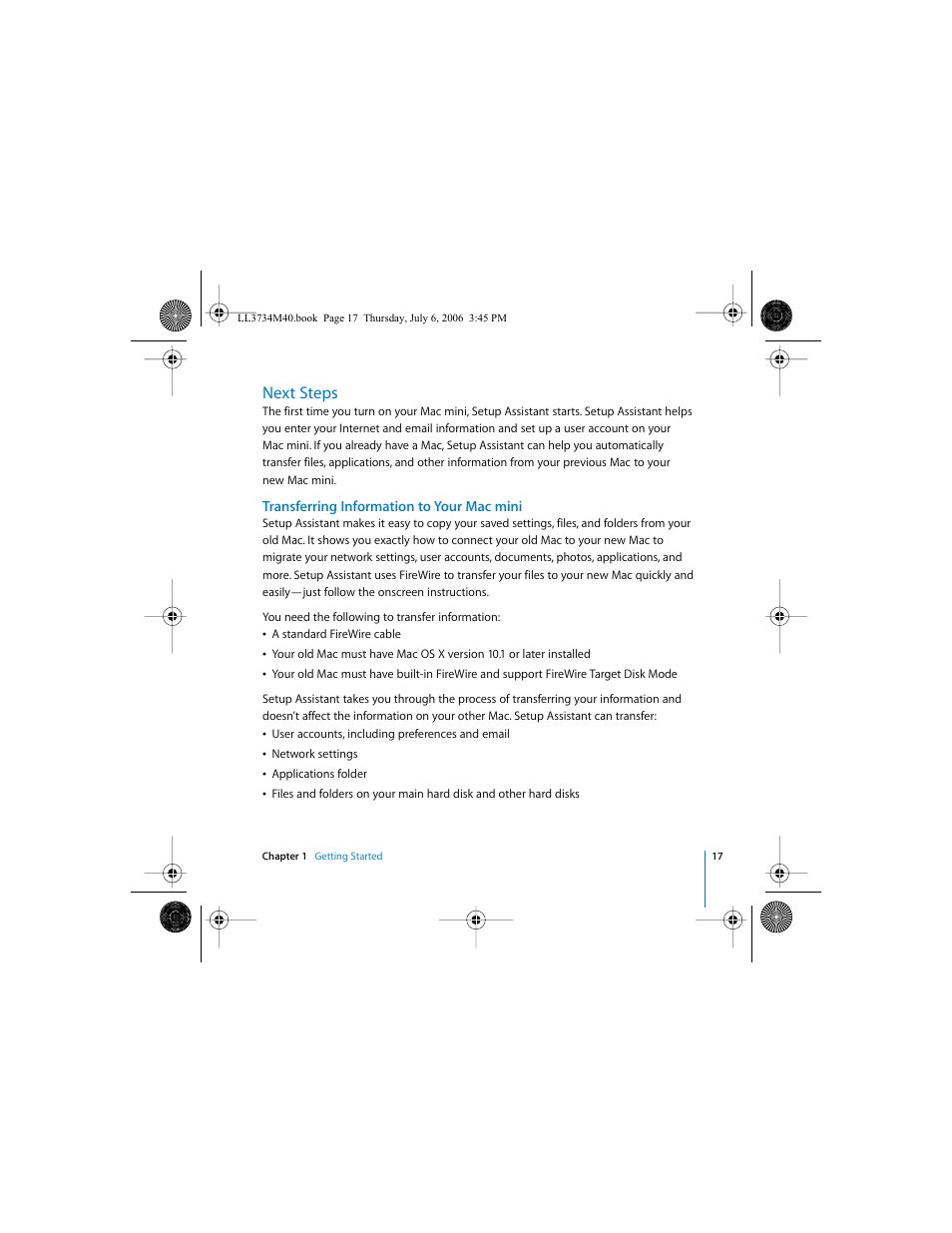 Next steps, Transferring information to your macmini | Apple Mac mini computer User Manual | Page 17 / 98