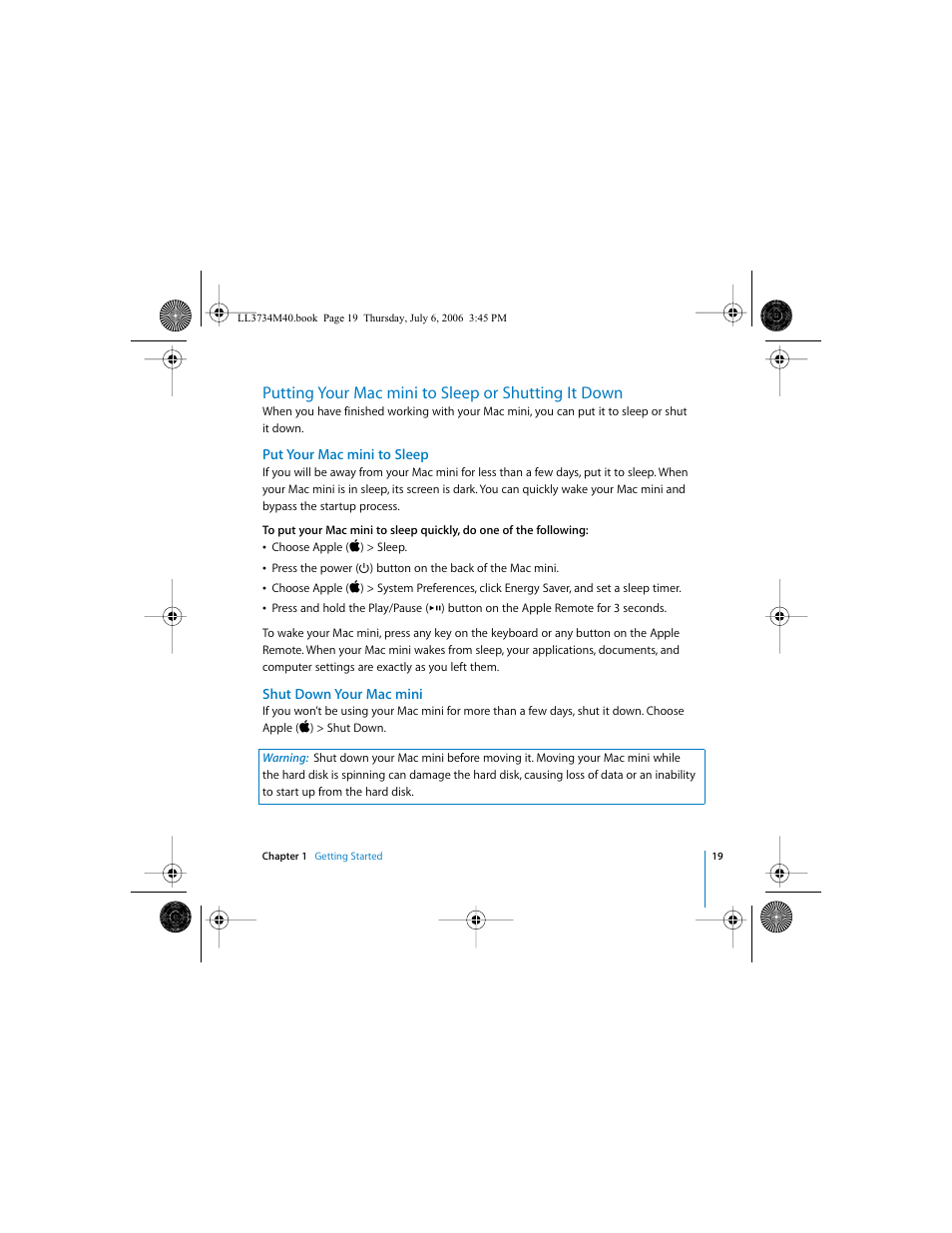 Putting your macmini to sleep or shutting it down, Put your macmini to sleep, Shut down your macmini | Putting your mac mini to sleep or shutting it down | Apple Mac mini computer User Manual | Page 19 / 98