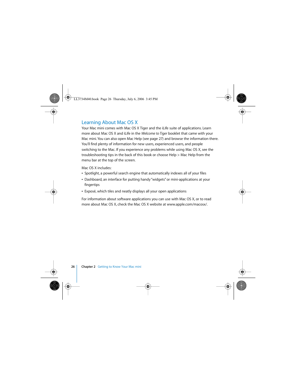 Learning about macosx, Learning about mac os x | Apple Mac mini computer User Manual | Page 26 / 98