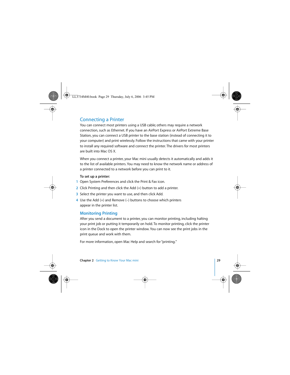 Connecting a printer, Monitoring printing | Apple Mac mini computer User Manual | Page 29 / 98