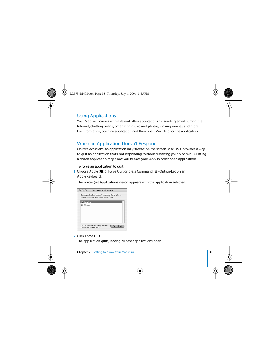 Using applications, When an application doesn’t respond | Apple Mac mini computer User Manual | Page 33 / 98