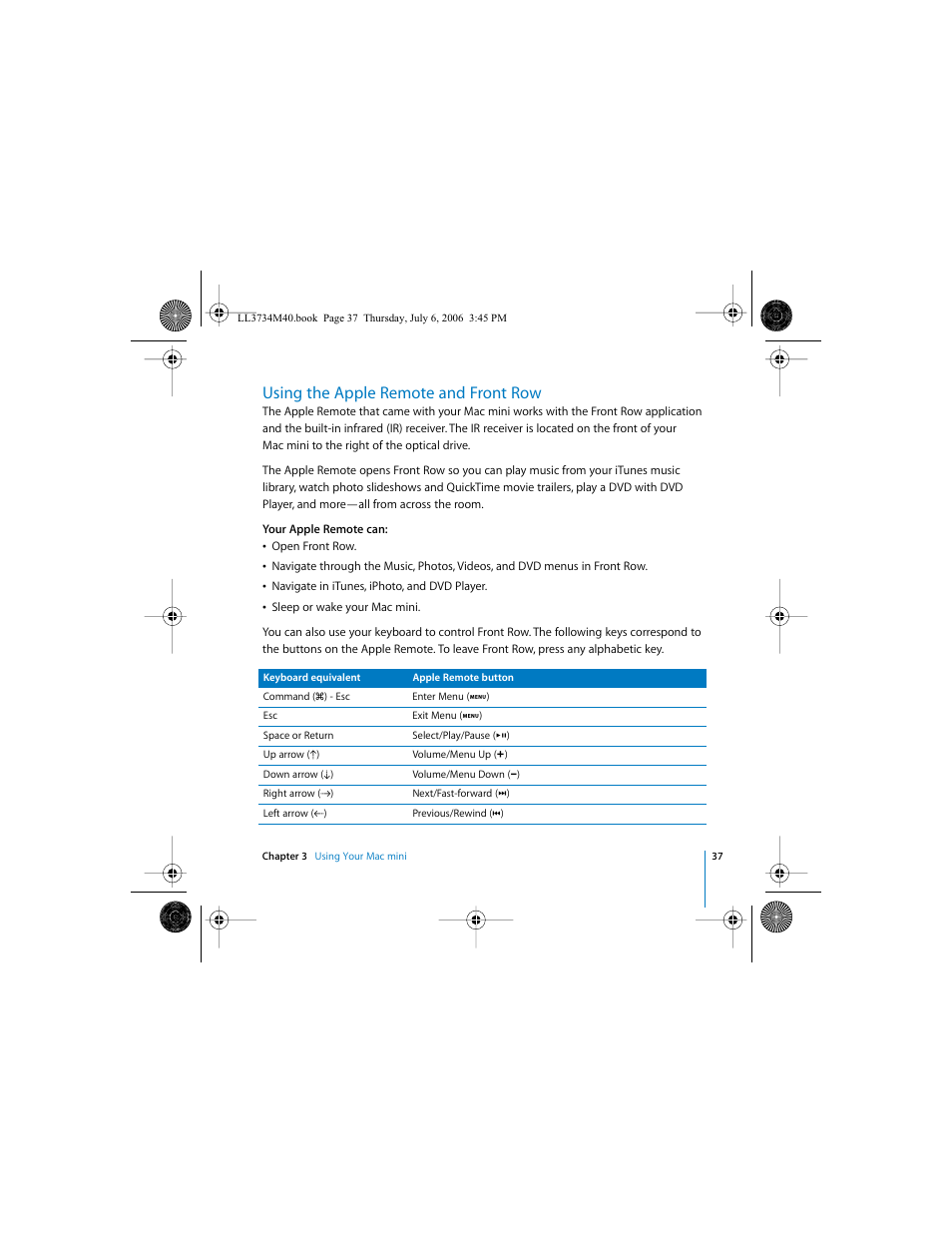 Using the apple remote and front row | Apple Mac mini computer User Manual | Page 37 / 98