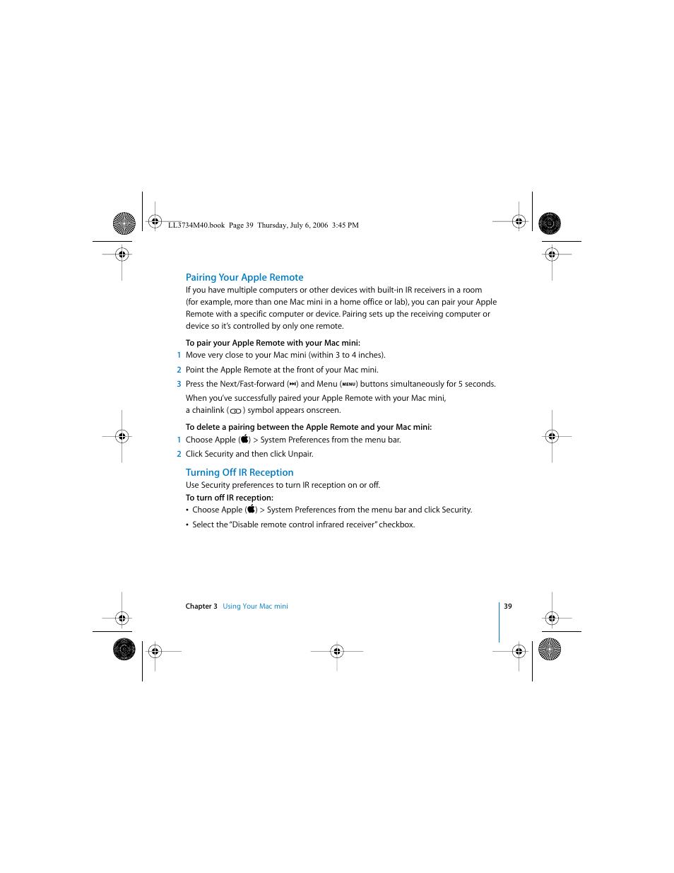 Pairing your apple remote, Turning off ir reception | Apple Mac mini computer User Manual | Page 39 / 98