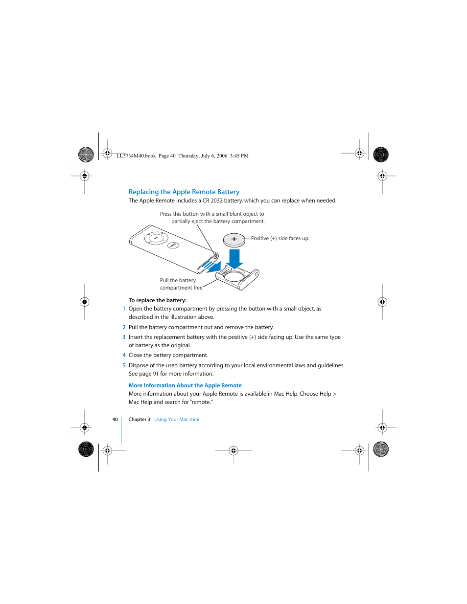 Replacing the apple remote battery | Apple Mac mini computer User Manual | Page 40 / 98