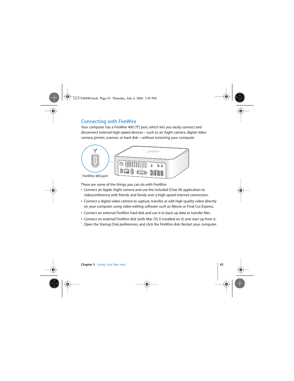 Connecting with firewire | Apple Mac mini computer User Manual | Page 43 / 98