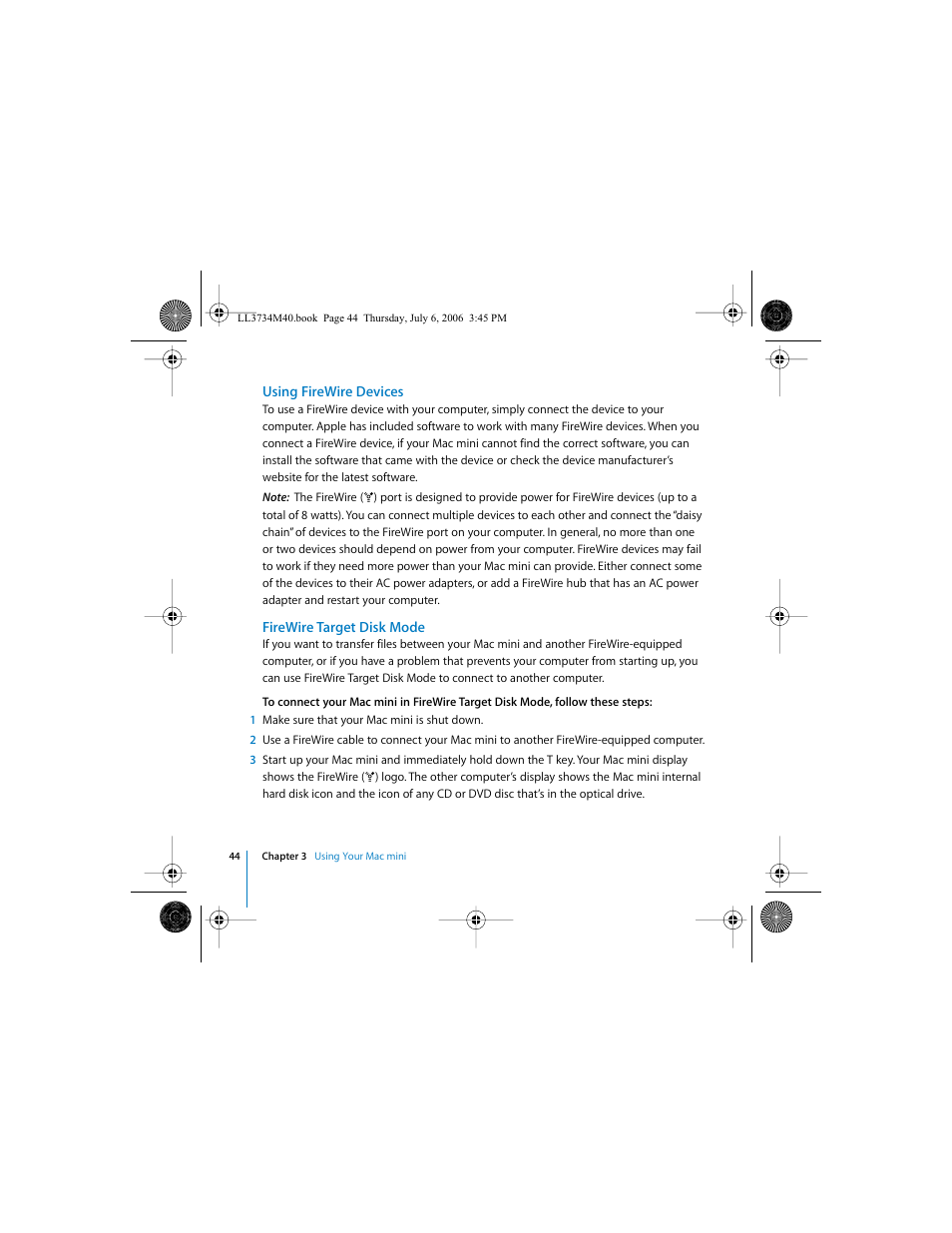 Using firewire devices, Firewire target disk mode | Apple Mac mini computer User Manual | Page 44 / 98