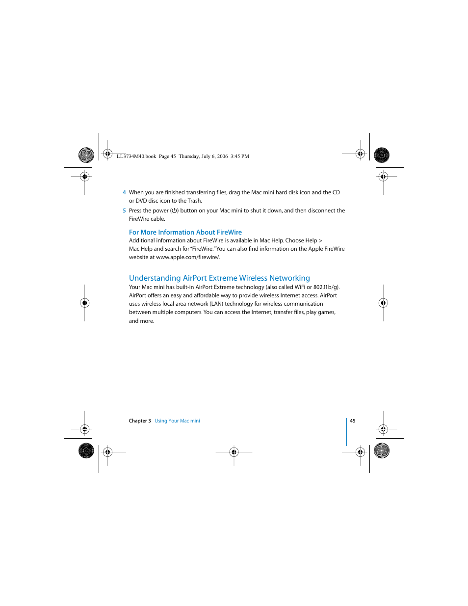 For more information about firewire, Understanding airport extreme wireless networking | Apple Mac mini computer User Manual | Page 45 / 98