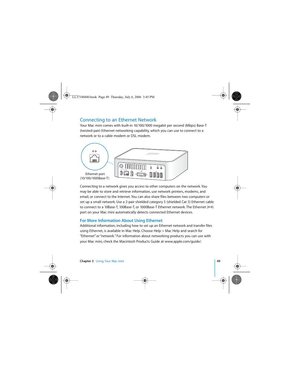 Connecting to an ethernet network, For more information about using ethernet | Apple Mac mini computer User Manual | Page 49 / 98